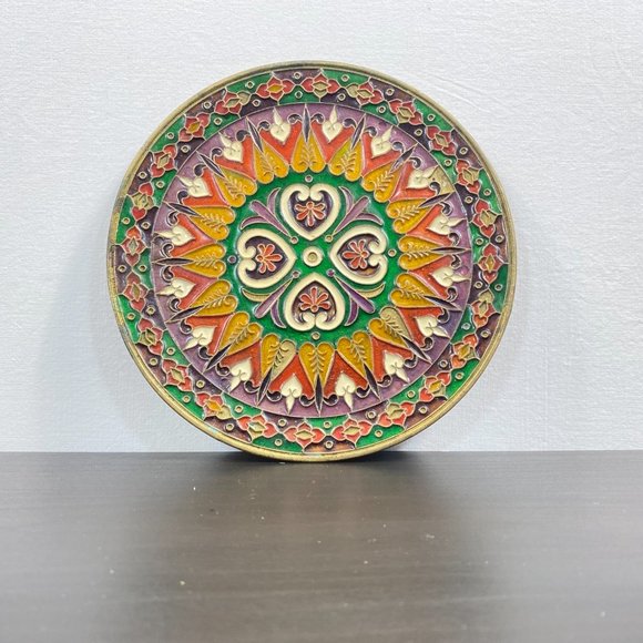 Vintage Ornate Enamel & Bronze Wall Ornament Plate, Smaltotex, Boho Chic Decor, - Picture 9 of 10